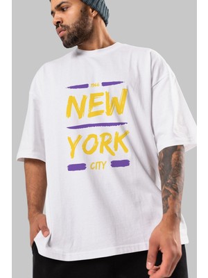 ankhises New York City 2 Ön Baskılı Beyaz Oversize T-Shirt Erkek Kadın Bisiklet Yaka