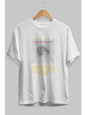ankhises Full Moon Yazılı Ön Baskılı Beyaz Oversize T-Shirt Erkek Kadın Bisiklet Yaka