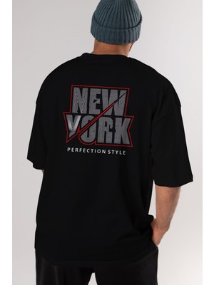 ankhises New York Perfection Arka Baskılı Siyah Oversize T-Shirt  Erkek Kadın Bisiklet Yaka
