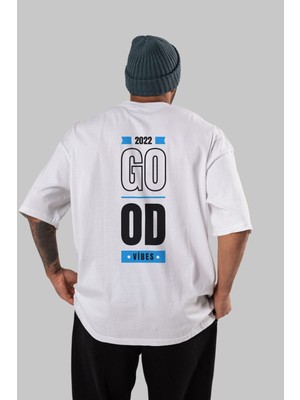 ankhises Good Vibes Yazılı Arka Baskılı Beyaz Oversize T-Shirt Erkek Kadın Bisiklet Yaka