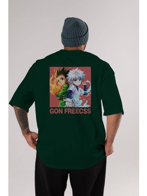 Ankhises Gon Freecss Hunter x Hunter 4 Anime Arka Baskılı Zümrüt Yeşili Oversize T-Shirt Pamuk Erkek Kadın