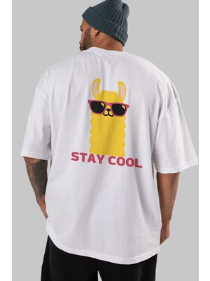 ankhises Stay Cool Yazılı Lama Arka Baskılı Beyaz Oversize T-Shirt Erkek Kadın Bisiklet Yaka