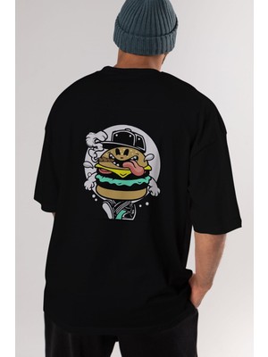 ankhises Burger Guy Arka Baskılı Siyah Oversize T-Shirt  Erkek Kadın Bisiklet Yaka