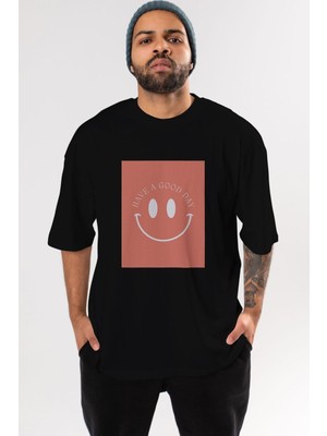 ankhises Have A Good Day Yazılı Ön Baskılı Siyah Oversize T-Shirt  Erkek Kadın Bisiklet Yaka