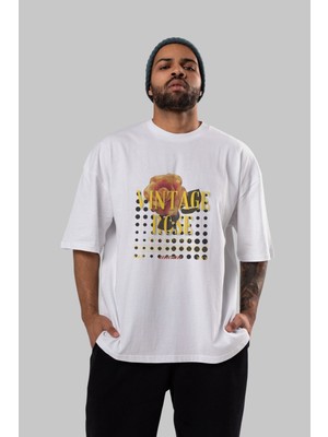 ankhises Vintage Rose Yazılı Ön Baskılı Beyaz Oversize T-Shirt Erkek Kadın Bisiklet Yaka