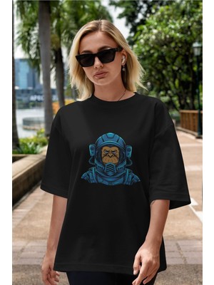 ankhises Astromonkey Ön Baskılı Siyah Oversize T-Shirt  Erkek Kadın Bisiklet Yaka