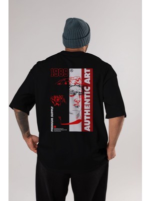 ankhises Authentic Art Arka Baskılı Siyah Oversize T-Shirt  Erkek Kadın Bisiklet Yaka