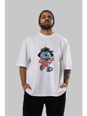 ankhisesEyeball Monster Ön Baskılı Beyaz Oversize T-Shirt  Erkek Kadın Bisiklet Yaka