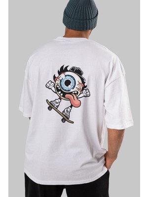 ankhisesEye Ball Skater Arka Baskılı Beyaz Oversize T-Shirt  Erkek Kadın Bisiklet Yaka