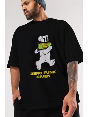 ankhises Zero Funk Given Bear Ön Baskılı Siyah Oversize T-Shirt  Erkek Kadın Bisiklet Yaka