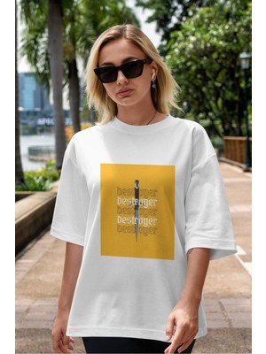 ankhises Destroyer Yazılı Ön Baskılı Beyaz Oversize T-Shirt Erkek Kadın Bisiklet Yaka