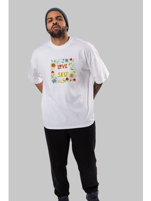 ankhises Love Yourself Yazılı Ön Baskılı Beyaz Oversize T-Shirt Erkek Kadın Bisiklet Yaka