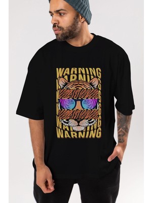 ankhisesWarning Yazılı Ön Baskılı Siyah Oversize T-Shirt  Erkek Kadın Bisiklet Yaka