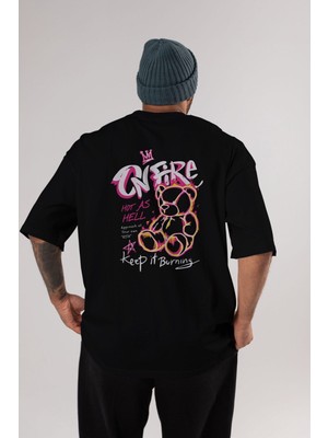 ankhises On Fire Bear Arka Baskılı Siyah Oversize T-Shirt  Erkek Kadın Bisiklet Yaka