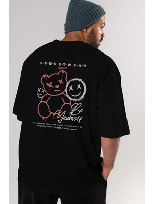 ankhises Be Yourself Bear Arka Baskılı Siyah Oversize T-Shirt  Erkek Kadın Bisiklet Yaka