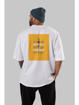 ankhises Destroyer Yazılı Arka Baskılı Beyaz Oversize T-Shirt Erkek Kadın Bisiklet Yaka