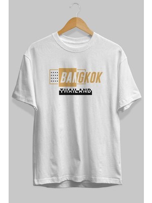 ankhises Bangkok Ön Baskılı Beyaz Oversize T-Shirt  Erkek Kadın Bisiklet Yaka