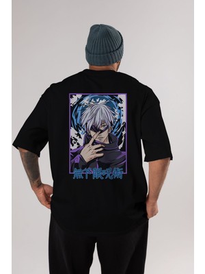 ankhises Satoru Gojo 3 Anime Arka Baskılı Siyah Oversize T-Shirt Erkek Kadın