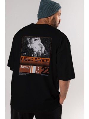 ankhises Need Space Arka Baskılı Siyah Oversize T-Shirt  Erkek Kadın Bisiklet Yaka