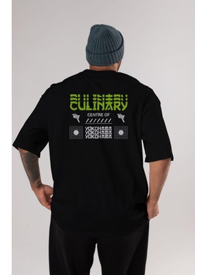 ankhises Culinary Centre Arka Baskılı Siyah Oversize T-Shirt  Erkek Kadın Bisiklet Yaka