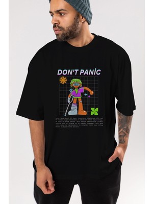 ankhisesDont Panic Yazılı Ön Baskılı Siyah Oversize T-Shirt  Erkek Kadın Bisiklet Yaka