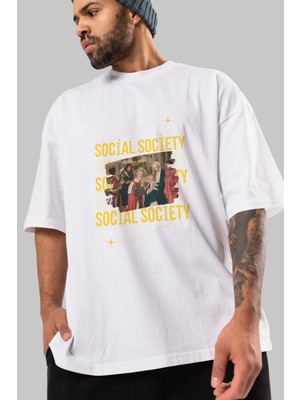 ankhises Social Society Yazılı Ön Baskılı Beyaz Oversize T-Shirt Erkek Kadın Bisiklet Yaka