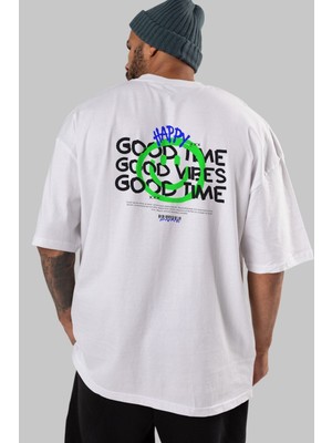 ankhisesHappy Good Time Yazılı Arka Baskılı Beyaz Oversize T-Shirt Erkek Kadın Bisiklet Yaka