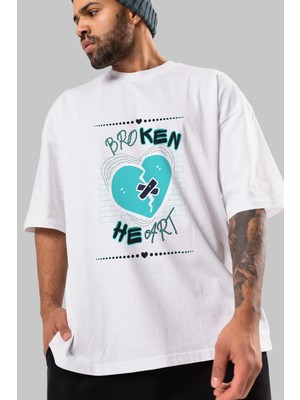 ankhisesBroken Heart Yazılı Ön Baskılı Beyaz Oversize T-Shirt Erkek Kadın Bisiklet Yaka