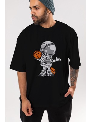 ankhises Astronaut Basketball Player Ön Baskılı Siyah Oversize T-Shirt  Erkek Kadın Bisiklet Yaka