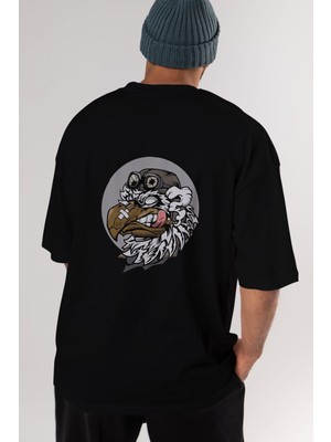 ankhisesBird Pilot Arka Baskılı Siyah Oversize T-Shirt  Erkek Kadın Bisiklet Yaka