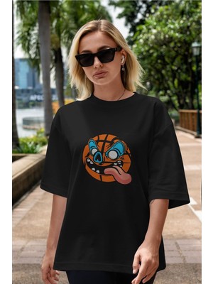 ankhises Basketball Ön Baskılı Siyah Oversize T-Shirt  Erkek Kadın Bisiklet Yaka