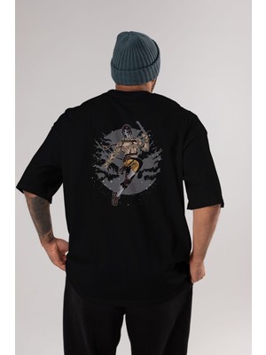 ankhises Vega Arka Baskılı Siyah Oversize T-Shirt  Erkek Kadın Bisiklet Yaka