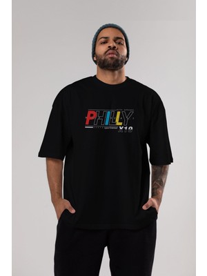ankhisesPhilly Yazılı Ön Baskılı Siyah Oversize T-Shirt  Erkek Kadın Bisiklet Yaka
