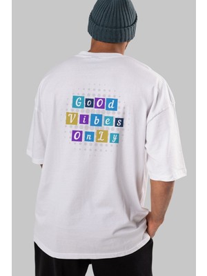 ankhises Good Vibes Only Yazılı 3 Arka Baskılı Beyaz Oversize T-Shirt Erkek Kadın Bisiklet Yaka
