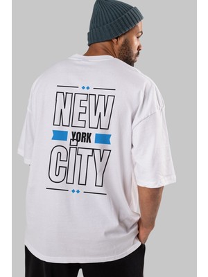 ankhisesNew York City Yazılı Arka Baskılı Beyaz Oversize T-Shirt Erkek Kadın Bisiklet Yaka
