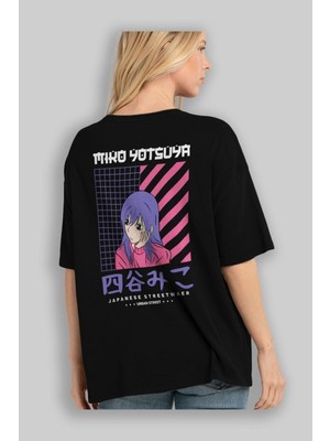 ankhisesMiko Yotsuya Arka Baskılı Siyah Oversize T-Shirt  Erkek Kadın Bisiklet Yaka