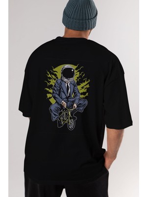 ankhises Bike To The Moon Arka Baskılı Siyah Oversize T-Shirt  Erkek Kadın Bisiklet Yaka