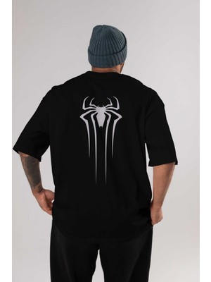 ankhisesSpiderman Arka Baskılı Siyah Oversize T-Shirt  Erkek Kadın Bisiklet Yaka