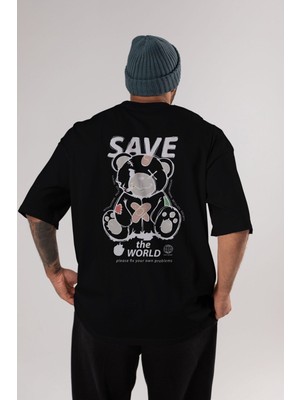 ankhises Save The World Bear Arka Baskılı Siyah Oversize T-Shirt  Erkek Kadın Bisiklet Yaka