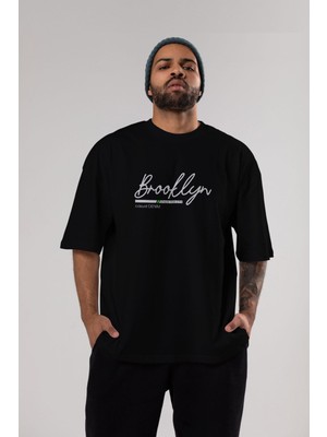 ankhises Brooklyn Denim Yazılı Ön Baskılı Siyah Oversize T-Shirt  Erkek Kadın Bisiklet Yaka