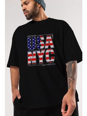 ankhises Usa Nyc Yazılı Ön Baskılı Siyah Oversize T-Shirt  Erkek Kadın Bisiklet Yaka