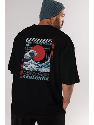 ankhisesKanagawa Arka Baskılı Siyah Oversize T-Shirt  Erkek Kadın Bisiklet Yaka