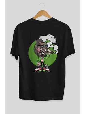 ankhises Gorilla Smoker Arka Baskılı Siyah Oversize T-Shirt  Erkek Kadın Bisiklet Yaka