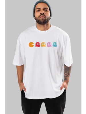 ankhisesPac-Man Game Ön Baskılı Beyaz Oversize T-Shirt Erkek Kadın Bisiklet Yaka