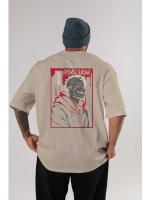 Ankhises Sukuna Anime Arka Baskılı Bej Oversize T-Shirt %100 Pamuk Erkek Kadın