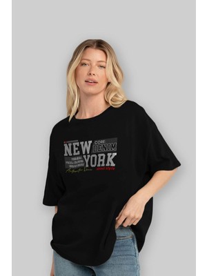 ankhises New York Street Yazılı Ön Baskılı Siyah Oversize T-Shirt  Erkek Kadın Bisiklet Yaka