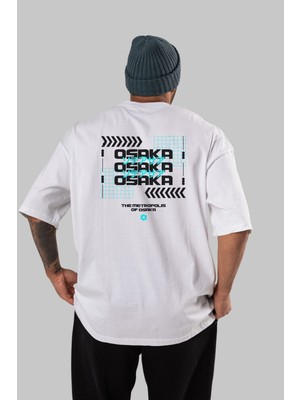 ankhises The Metropolis Osaka Arka Baskılı Beyaz Oversize T-Shirt  Erkek Kadın Bisiklet Yaka