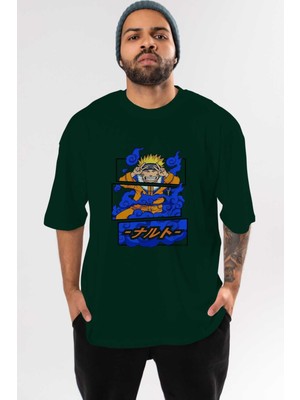 Ankhises Naruto Uzumaki Anime Ön Baskılı Zümrüt Yeşili Oversize T-Shirt Erkek Kadın