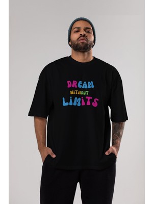ankhisesDream Without Limits Ön Baskılı Siyah Oversize T-Shirt  Erkek Kadın Bisiklet Yaka