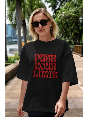 ankhises Push Your Limit Yazılı Ön Baskılı Siyah Oversize T-Shirt  Erkek Kadın Bisiklet Yaka